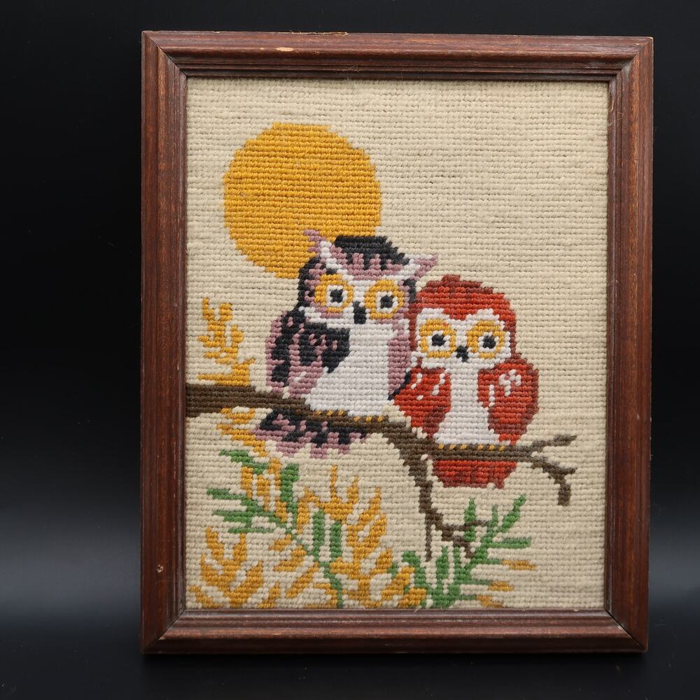 Owls Moon Needlepoint Wood Framed Wallhanging Picture 8x10 Vintage Retro 1970s